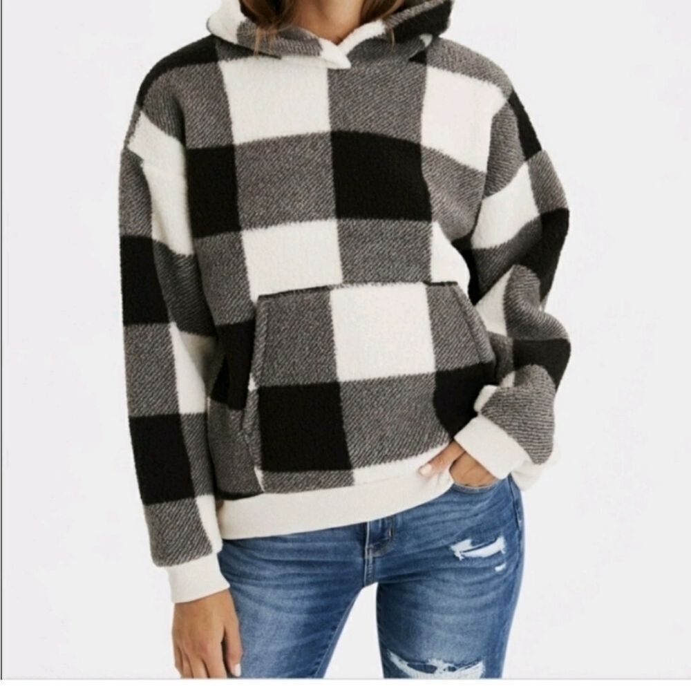 AMERICAN EAGLE Sherpa Fleece Black and White Checkered Pullover Hoodie Size XS